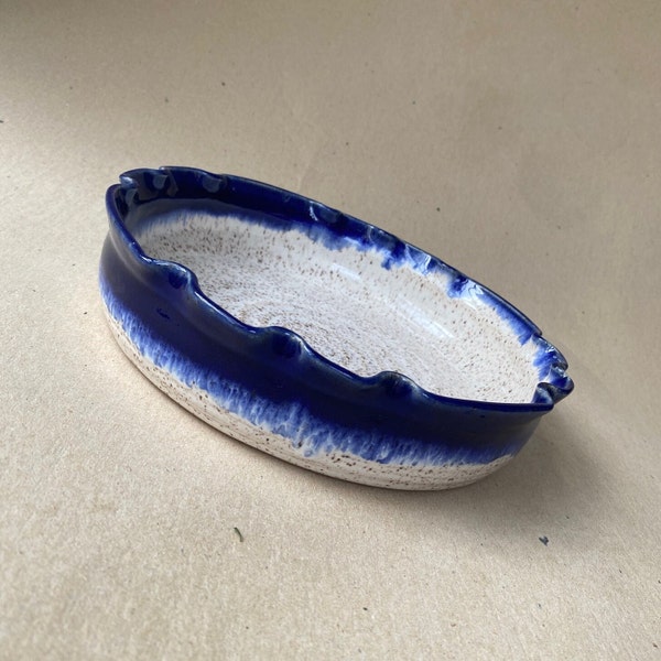 8" Cobalt Blue and Speckled White Baking Dish, Ovenware, Scalloped Edge Ceramic Baker