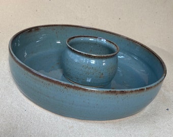 Set of 2, Blue Gray/Brown Shallow Bowl and 8 oz Dip Cup, Oven to Table Baking Dish and Small Bowl, Cold Shrimp Server, Appetizer Set