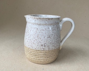 RESERVED 2 Cup Ceramic Syrup Pitcher, Creamer in Speckled White and Natural, 16 ounces