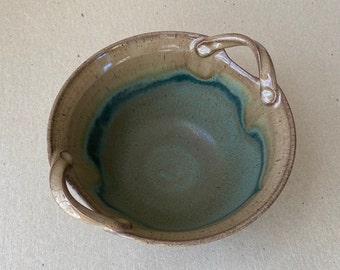 Woodland Green with Brown Stoneware Serving Bowl with Handles, Handmade Single Serving Meal or Salad Bowl, 5-6 Cups