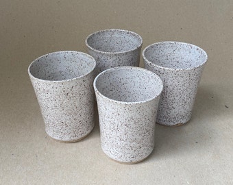 SET of 4 Juice/Wine Cups in Speckled White, 7 oz Stoneware Tumblers