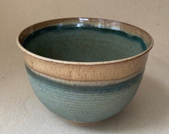 Handmade Stoneware Serving Bowl in Rustic Brown and Woodland Green, 9 Cup Bowl, Rustic Pottery Wedding Gift