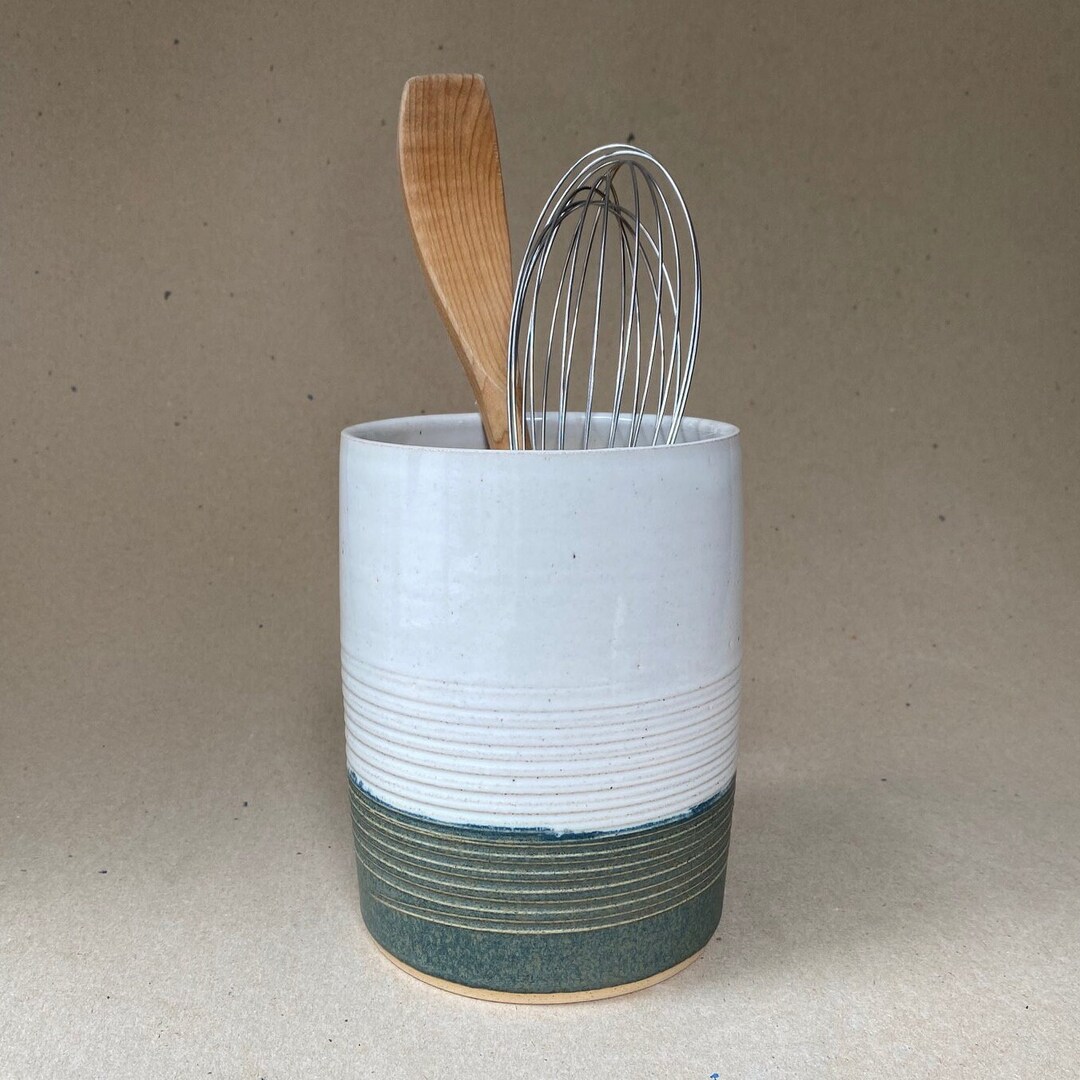 Utensil Holder in Speckled White and Woodland Green, Ceramic Kitchen