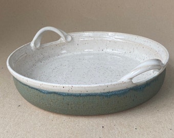 Woodland Green and Speckled White Ceramic Bakeware with Handles, Stoneware Oven to Table Baking Dish