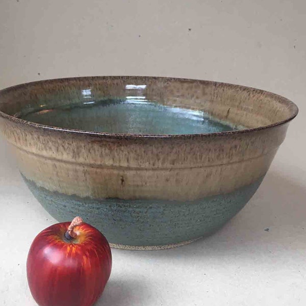 Brown and Woodland Green Stoneware Pottery 14 Cup Bowl, Ceramic Fruit and Serving Bowl, "Super" Bowl