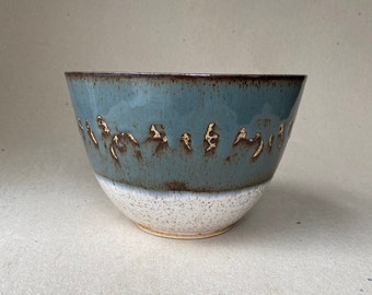 8 Cup Blue Gray, Brown and Speckled White Stoneware Serving Bowl, Gift for Mom, Potted Plant Bowl