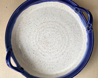 SHIPS FAST Cobalt Blue and Speckled White Stoneware Baking / Serving Dish with Handles, Ceramic Bakeware