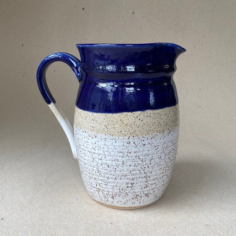 6 Cup Stoneware Serving Pitcher in Speckled White, Cobalt Blue and Natural, Kitchen Spoon Holder, Flower Vase image 1