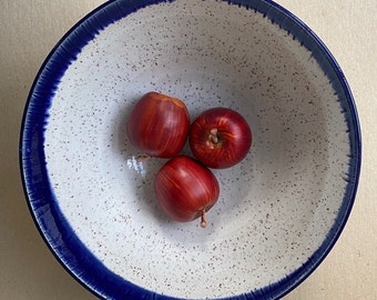 10 Cup Cobalt Blue and Speckled White Stoneware Serving Bowl, Large Handmade Salad Bowl