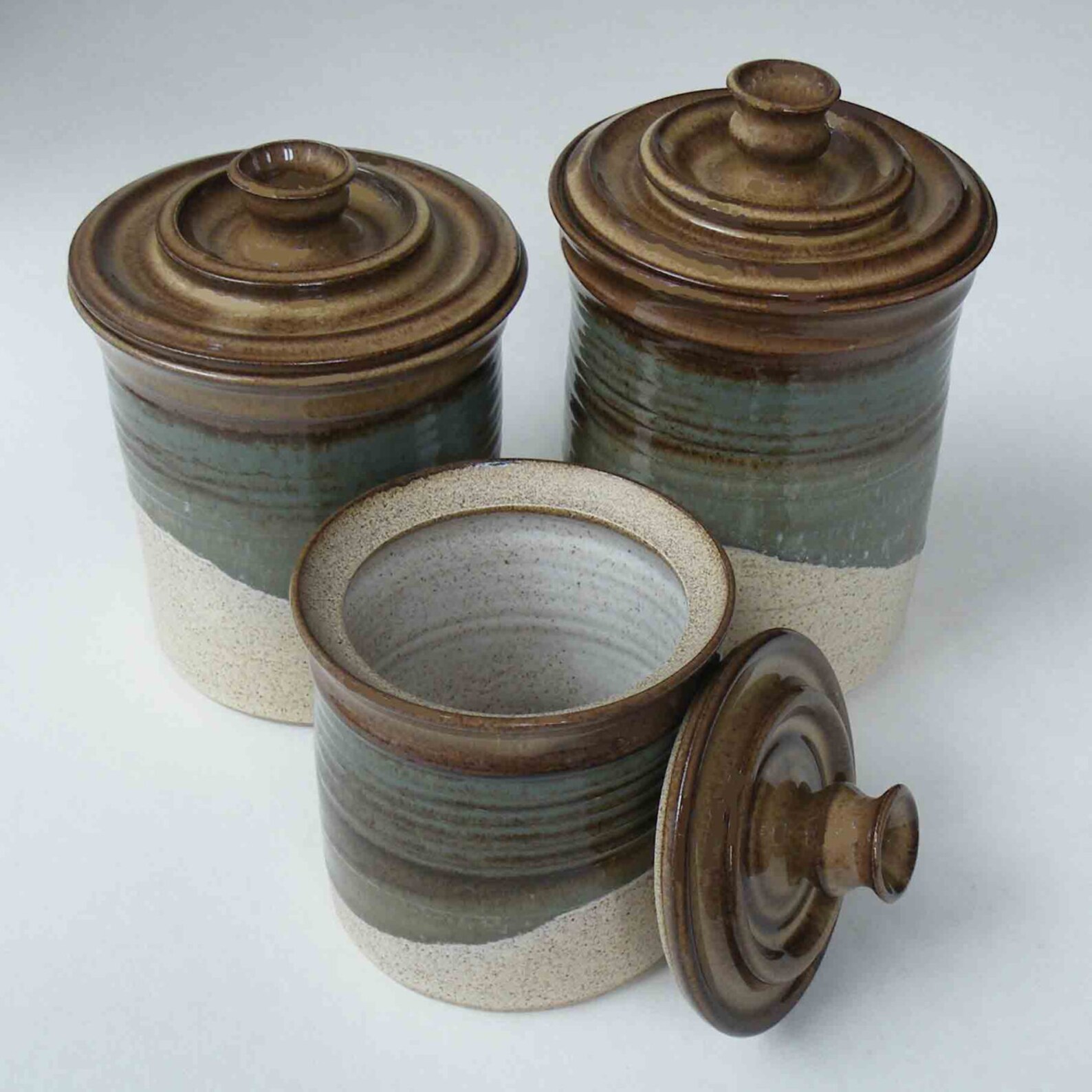 Kitchen Set of 3 Canisters Brown Blue Gray Oatmeal Ceramic Etsy
