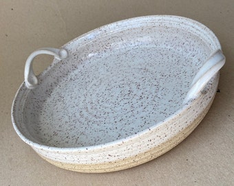 Speckled White and Natural Ceramic Bakeware with Handles, Stoneware Oven to Table Baking Dish, Gift for Mom