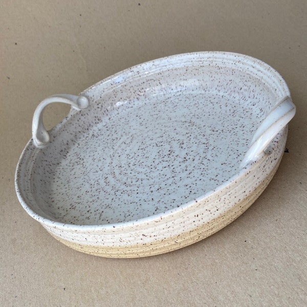 Speckled White and Natural Ceramic Bakeware with Handles, Stoneware Oven to Table Baking Dish, Gift for Mom