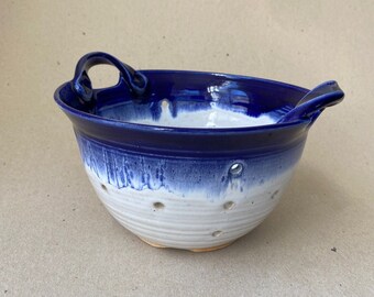 Handled Berry Bowl, Stoneware Colander with Handles in Cobalt Blue and Speckled White