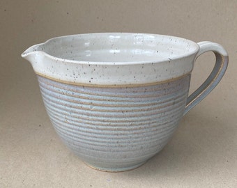 Handmade Stoneware 8 Cup Mixing Bowl in Speckled White, Mottled Pale Blue/Gray and Gold Batter Bowl