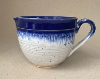 Ceramic Handmade Mixing Bowl in Speckled White with Cobalt Blue, 5+ Cup Stoneware Food Prep Bowl