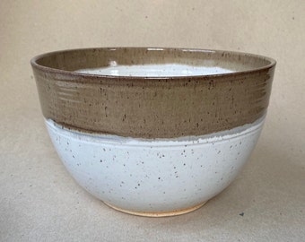 Speckled White and Rustic Brown Handmade Stoneware Serving Bowl, 10 Cup Mixing and Serving Ceramic Bowl, Farmhouse Kitchen Bowl