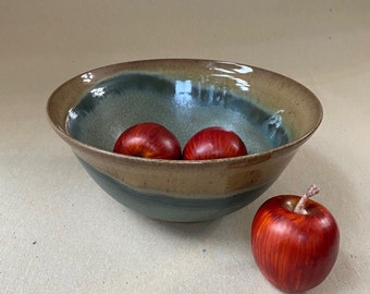 Rustic Brown and Woodland Green Handmade Stoneware Bowl, Ceramic Kitchen and Dining 5+ Cup Serving Bowl