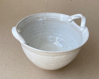 Speckled White Stoneware Serving Bowl with Handles, 5-6 Cups, Handmade Salad Bowl, Ships in Recycled Packaging