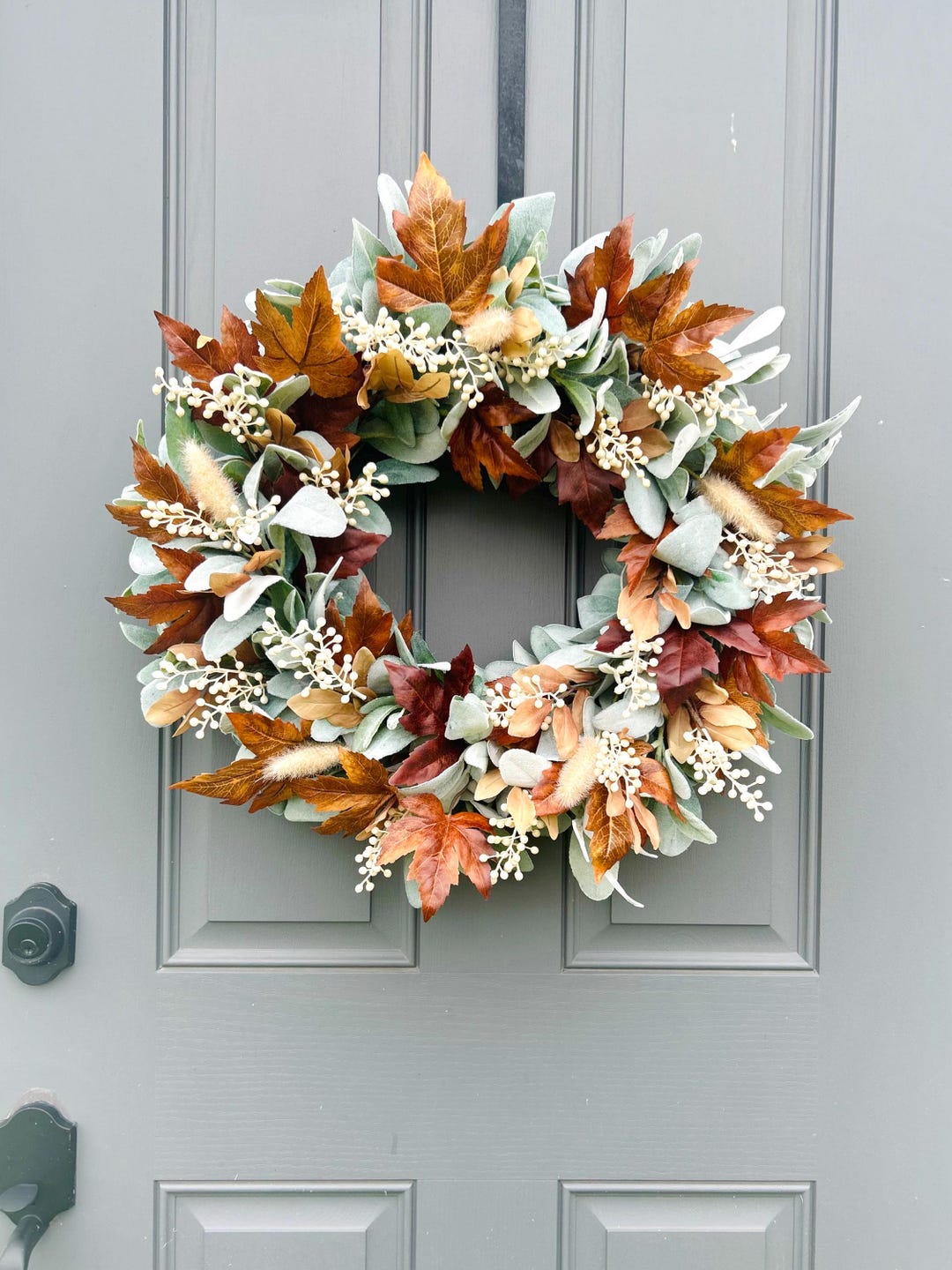 Neutral Fall Wreath for Front Door, Autumn Leaf Wreath With Lambs Ear ...