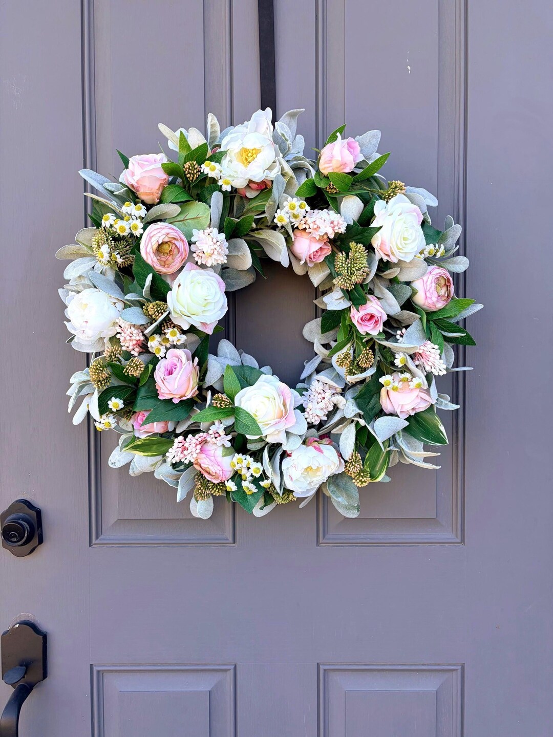 Pink and White Farmhouse Style Spring Floral Wreath for Front Door ...