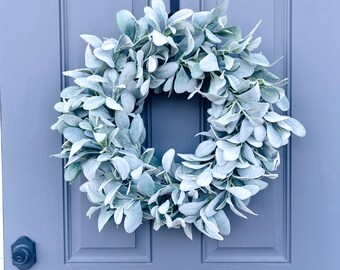 Year Round Lambs Ear Wreath For Front Door, Modern Farmhouse Decor, Artificial Greenery Wreath, Gift For New Homeowner, Everyday Door Wreath
