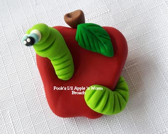 Apple 'n Worm Brooch, Teacher Gift, Teacher Jewelry, Pook Designz L'il Apple 'n Worm Brooch, Gifts for Teachers