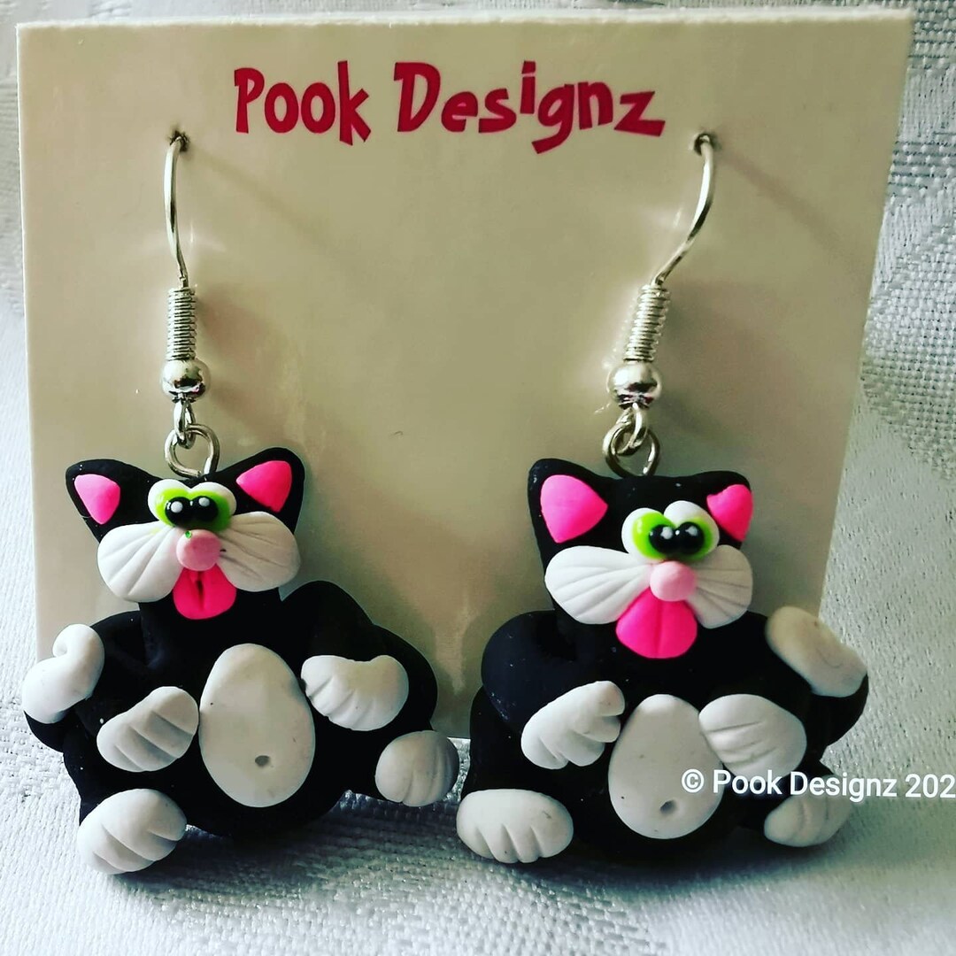 Cat Earrings Black and White Cat Earrings Kitty Earrings Etsy UK