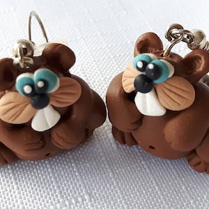 Beaver Earrings, Canadian Beaver, Buck Tooth Beaver, Busy L&#39;il Beavers Dangly Earrings, Polymer Clay Beavers, By: Pook Designz
