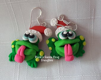 Frog Earrings, Santa Claus Frog Earrings with Santa Hats, Christmas Frogs, Christmas Earrings