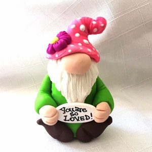 Gnome Figurine, Desk Buddy Gnome, Gnomes, Clay Gnome, Pook Designz, Green and Pink Gnome with Spotted Hat and Magenta Flower Figurine