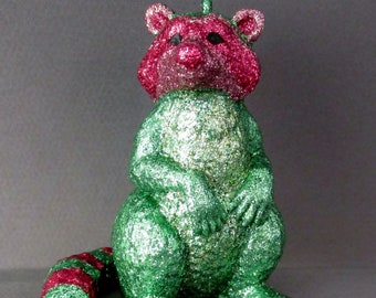 Raccoon Ornament - Glittered Ornament - Glitter Animal - Animal Ornament - Christmas Decor - Green Glitter - Pink Glitter - Tree Ornament