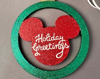 Holiday Greetings -  Mickey Head Ornament - Disney Christmas Ornament - Disney Trip Ornament - Disney Inspired Ornament - Christmas Gift