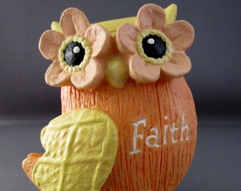 Orange Owl - Faith Hope Love - Owl Figurine - Owl - Owl Decor - Owl Figure - Faith - Owl Sculpture - Owl Gifts - Yellow Owl - Bird Figurine