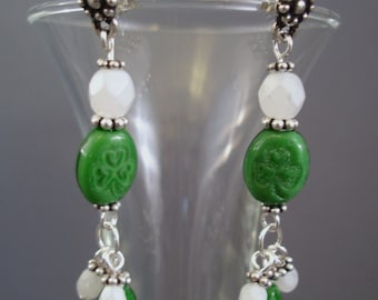 Luck of the Irish - St Patricks Earrings - Shamrock - Earrings - Glass Bead Earrings - Green Earrings - Silver Earrings - Dangle Earrings