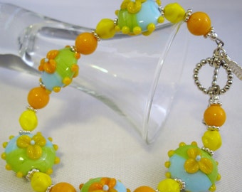 Floral Lampwork Bracelet - Blue Bracelet - Yellow Bracelet - Green Bracelet - Orange Bracelet - Silver Bracelet - Glass Bead Bracelet