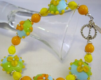 Floral Lampwork Glass Bead Bracelet - Sterling Silver Accents
