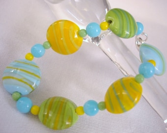 Blue Bracelet - Green Bracelet - Yellow Bracelet - Life Is Good - Glass Bead Bracelet - Silver Bracelet - Lampwork Beaded Bracelet