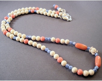 Glass Bead Necklace: Cream, Coral, Blue, Sterling Silver Clasp, Adjustable