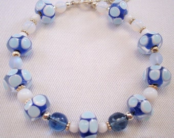 Lampwork Glass Bead Bracelet: Blue Skies, Sterling Silver Clasp