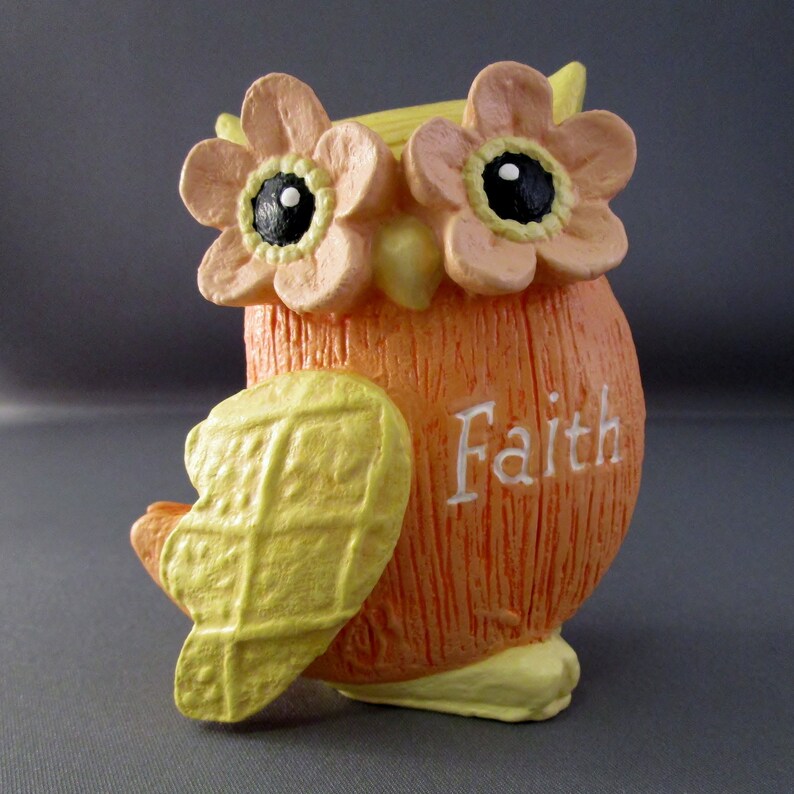 Orange Owl Faith Hope Love Owl Figurine Owl Owl Decor Owl Figure Faith Owl Sculpture Owl Gifts Yellow Owl Bird Figurine image 1