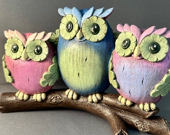 Spring Owl Figure - Owl Trio - Owl Figurine - Owl - Owl Decor - Owl Figure - Owl Sculpture - Owl Gifts - Pink Owl - Blue Owl - Purple Owl