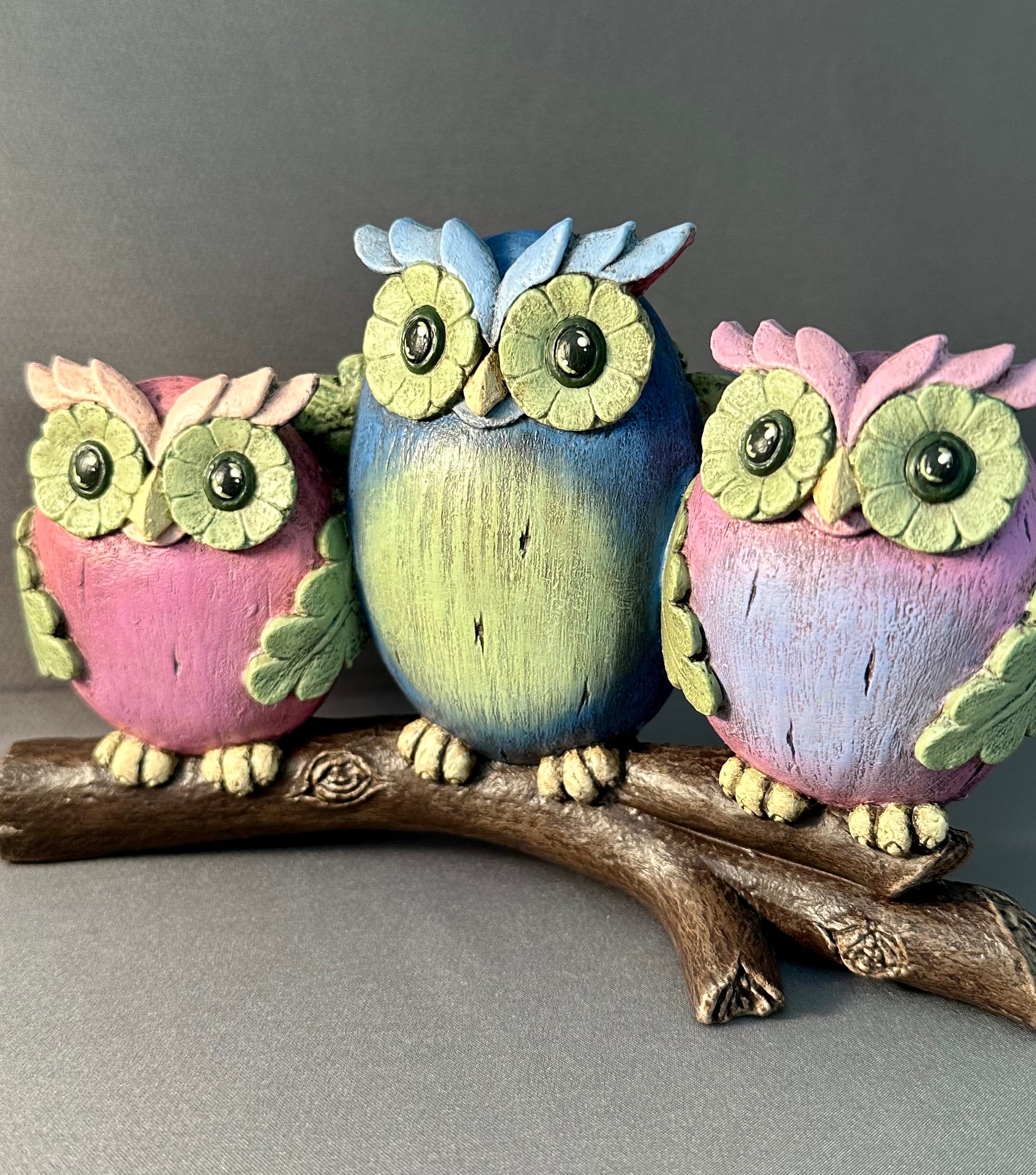Hand Painted Spring Owl Trio Figurine: Pink, Blue, Purple Decor - Etsy