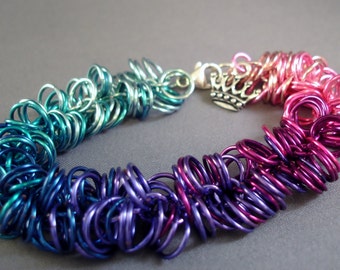 Princess Aurora Chainmail Bracelet: Sterling Silver Crown, Anodized Aluminum