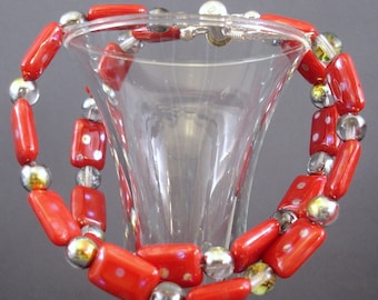 Red Glass Bead Jewelry Set: Sterling Silver Bracelet and Earrings