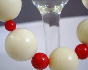 Retro Beaded Necklace: Red & Yellow Glass Beads, Sterling Silver Clasp