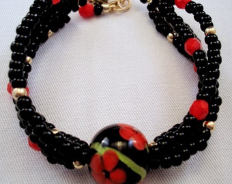 Night Flowers Bracelet: Lampwork Bead, Red Hibiscus, Gold Filled Clasp