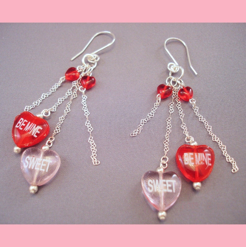 Conversation Hearts Valentines Day Valentine's Day Gift Heart Earrings Hearts Valentines Sterling Silver Silver Earrings image 1