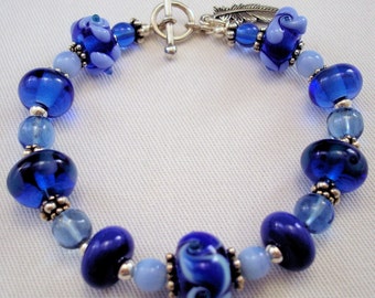 Blue Lampwork Glass Bead Bracelet: Sterling Silver Accents