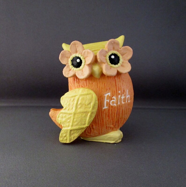 Orange Owl Faith Hope Love Owl Figurine Owl Owl Decor Owl Figure Faith Owl Sculpture Owl Gifts Yellow Owl Bird Figurine image 2