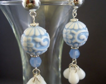 Blue Lace Dangle Earrings: Sterling Silver, Lucite & Swarovski